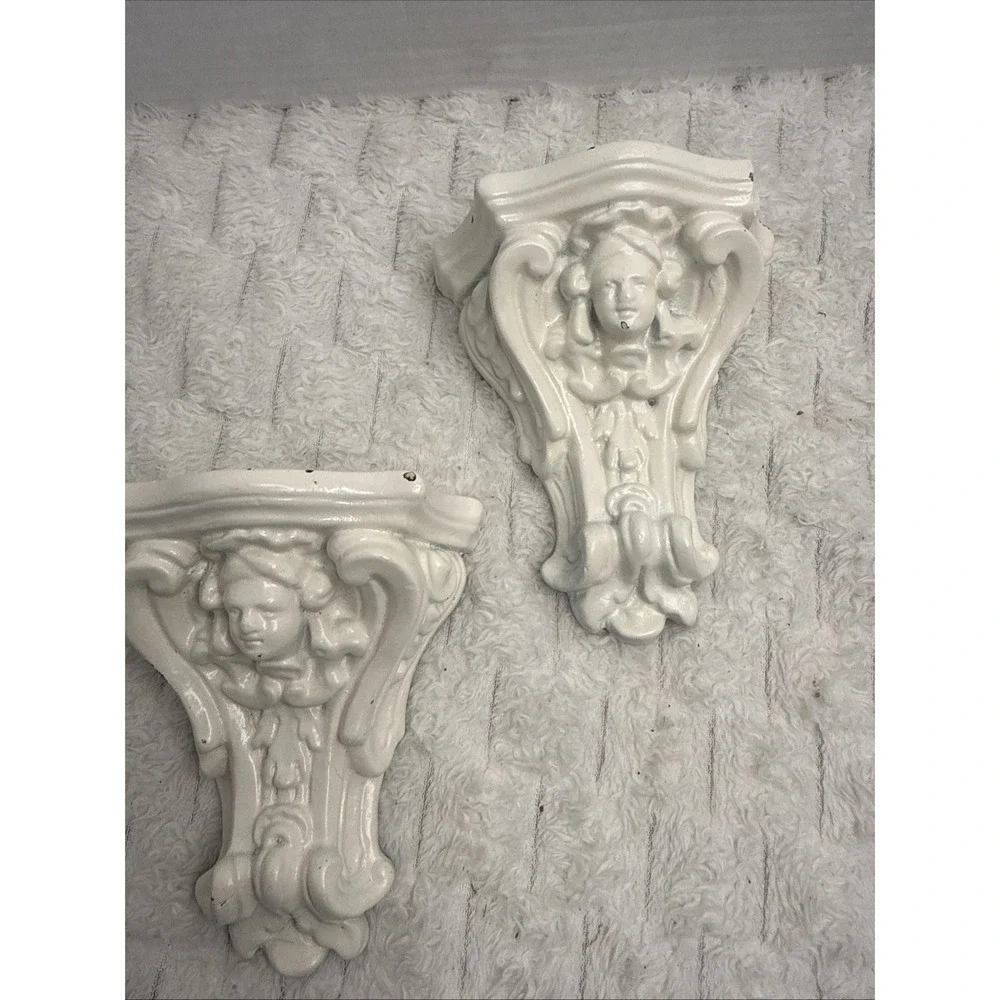 Vintage Cherub Wall Sconces Shelf Plaster Distressed Pair Rococo Baroque 2